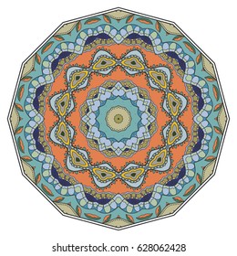 Mandala flower decoration, doodle round ornament, isolated design element on a white background. Vector geometric floral pattern. Tribal ethnic arabic, indian, turkish motif. Colorful abstract art