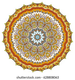 Mandala flower decoration, doodle round ornament, isolated design element on a white background. Vector geometric floral pattern. Tribal ethnic arabic, indian, turkish motif. Colorful abstract art