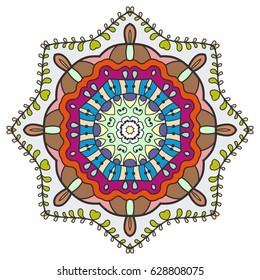 Mandala flower decoration, doodle round ornament, isolated design element on a white background. Vector geometric floral pattern. Tribal ethnic arabic, indian, turkish motif. Colorful abstract art