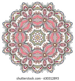 Mandala flower decoration, doodle round ornament, isolated design element on a white background. Vector geometric floral pattern. Tribal ethnic arabic, indian, turkish motif. Colorful abstract art