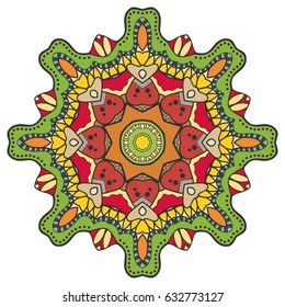 Mandala flower decoration, doodle round ornament, isolated design element on a white background. Vector geometric floral pattern. Tribal ethnic arabic, indian, turkish motif. Colorful abstract art