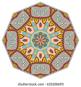 Mandala flower decoration, doodle round ornament, isolated design element on a white background. Vector geometric floral pattern. Tribal ethnic arabic, indian, turkish motif. Colorful abstract art