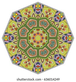 Mandala flower decoration, doodle round ornament, isolated design element on a white background. Vector geometric floral pattern. Tribal ethnic arabic, indian, turkish motif. Colorful abstract art