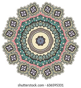 Mandala flower decoration, doodle round ornament, isolated design element on a white background. Vector geometric floral pattern. Tribal ethnic arabic, indian, turkish motif. Colorful abstract art