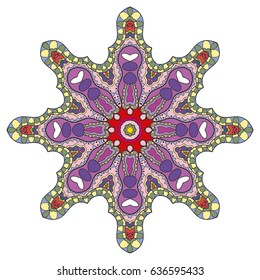 Mandala flower decoration, doodle round ornament, isolated design element on a white background. Vector geometric floral pattern. Tribal ethnic arabic, indian, turkish motif. Colorful abstract art