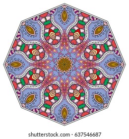 Mandala flower decoration, doodle round ornament, isolated design element on a white background. Vector geometric floral pattern. Tribal ethnic arabic, indian, turkish motif. Colorful abstract art
