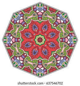 Mandala flower decoration, doodle round ornament, isolated design element on a white background. Vector geometric floral pattern. Tribal ethnic arabic, indian, turkish motif. Colorful abstract art