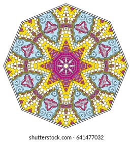 Mandala flower decoration, doodle round ornament, isolated design element on a white background. Vector geometric floral pattern. Tribal ethnic arabic, indian, turkish motif. Colorful abstract art