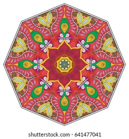 Mandala flower decoration, doodle round ornament, isolated design element on a white background. Vector geometric floral pattern. Tribal ethnic arabic, indian, turkish motif. Colorful abstract art