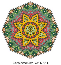 Mandala flower decoration, doodle round ornament, isolated design element on a white background. Vector geometric floral pattern. Tribal ethnic arabic, indian, turkish motif. Colorful abstract art