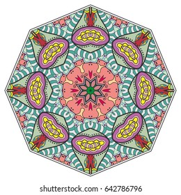 Mandala flower decoration, doodle round ornament, isolated design element on a white background. Vector geometric floral pattern. Tribal ethnic arabic, indian, turkish motif. Colorful abstract art