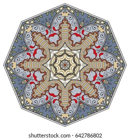 Mandala flower decoration, doodle round ornament, isolated design element on a white background. Vector geometric floral pattern. Tribal ethnic arabic, indian, turkish motif. Colorful abstract art