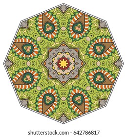 Mandala flower decoration, doodle round ornament, isolated design element on a white background. Vector geometric floral pattern. Tribal ethnic arabic, indian, turkish motif. Colorful abstract art