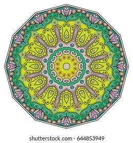 Mandala flower decoration, doodle round ornament, isolated design element on a white background. Vector geometric floral pattern. Tribal ethnic arabic, indian, turkish motif. Colorful abstract art