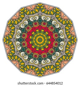 Mandala flower decoration, doodle round ornament, isolated design element on a white background. Vector geometric floral pattern. Tribal ethnic arabic, indian, turkish motif. Colorful abstract art
