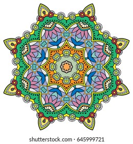 Mandala flower decoration, doodle round ornament, isolated design element on a white background. Vector geometric floral pattern. Tribal ethnic arabic, indian, turkish motif. Colorful abstract art