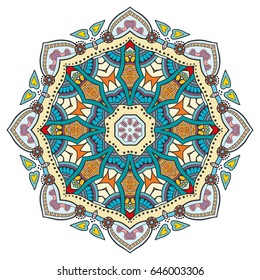 Mandala flower decoration, doodle round ornament, isolated design element on a white background. Vector geometric floral pattern. Tribal ethnic arabic, indian, turkish motif. Colorful abstract art