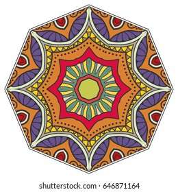 Mandala flower decoration, doodle round ornament, isolated design element on a white background. Vector geometric floral pattern. Tribal ethnic arabic, indian, turkish motif. Colorful abstract art