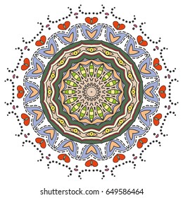 Mandala flower decoration, doodle round ornament, isolated design element on a white background. Vector geometric floral pattern. Tribal ethnic arabic, indian, turkish motif. Colorful abstract art