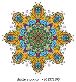 Mandala flower decoration, doodle round ornament, isolated design element on a white background. Vector geometric floral pattern. Tribal ethnic arabic, indian, turkish motif. Colorful abstract art