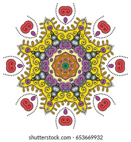 Mandala flower decoration, doodle round ornament, isolated design element on a white background. Vector geometric floral pattern. Tribal ethnic arabic, indian, turkish motif. Colorful abstract art