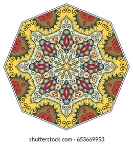 Mandala flower decoration, doodle round ornament, isolated design element on a white background. Vector geometric floral pattern. Tribal ethnic arabic, indian, turkish motif. Colorful abstract art