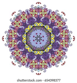 Mandala flower decoration, doodle round ornament, isolated design element on a white background. Vector geometric floral pattern. Tribal ethnic arabic, indian, turkish motif. Colorful abstract art