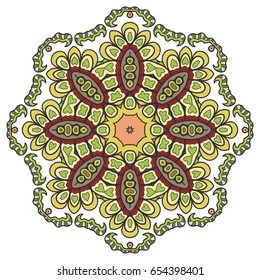 Mandala flower decoration, doodle round ornament, isolated design element on a white background. Vector geometric floral pattern. Tribal ethnic arabic, indian, turkish motif. Colorful abstract art