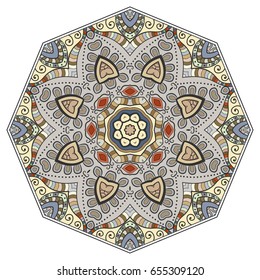 Mandala flower decoration, doodle round ornament, isolated design element on a white background. Vector geometric floral pattern. Tribal ethnic arabic, indian, turkish motif. Colorful abstract art