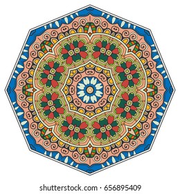 Mandala flower decoration, doodle round ornament, isolated design element on a white background. Vector geometric floral pattern. Tribal ethnic arabic, indian, turkish motif. Colorful abstract art