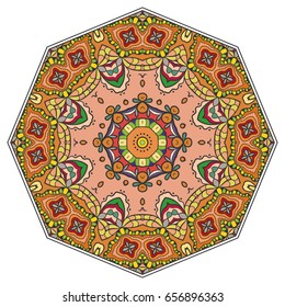 Mandala flower decoration, doodle round ornament, isolated design element on a white background. Vector geometric floral pattern. Tribal ethnic arabic, indian, turkish motif. Colorful abstract art