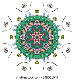 Mandala flower decoration, doodle round ornament, isolated design element on a white background. Vector geometric floral pattern. Tribal ethnic arabic, indian, turkish motif. Colorful abstract art