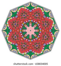 Mandala flower decoration, doodle round ornament, isolated design element on a white background. Vector geometric floral pattern. Tribal ethnic arabic, indian, turkish motif. Colorful abstract art