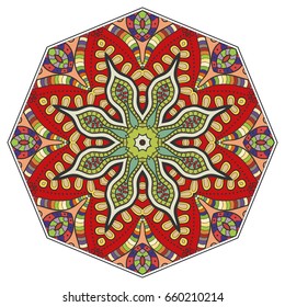 Mandala flower decoration, doodle round ornament, isolated design element on a white background. Vector geometric floral pattern. Tribal ethnic arabic, indian, turkish motif. Colorful abstract art