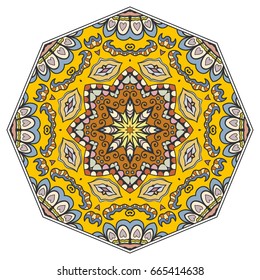 Mandala flower decoration, doodle round ornament, isolated design element on a white background. Vector geometric floral pattern. Tribal ethnic arabic, indian, turkish motif. Colorful abstract art