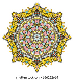 Mandala flower decoration, doodle round ornament, isolated design element on a white background. Vector geometric floral pattern. Tribal ethnic arabic, indian, turkish motif. Colorful abstract art