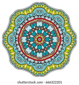 Mandala flower decoration, doodle round ornament, isolated design element on a white background. Vector geometric floral pattern. Tribal ethnic arabic, indian, turkish motif. Colorful abstract art