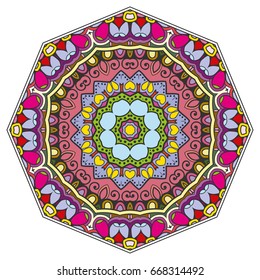 Mandala flower decoration, doodle round ornament, isolated design element on a white background. Vector geometric floral pattern. Tribal ethnic arabic, indian, turkish motif. Colorful abstract art