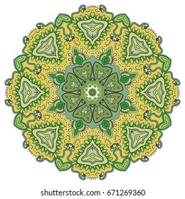 Mandala flower decoration, doodle round ornament, isolated design element on a white background. Vector geometric floral pattern. Tribal ethnic arabic, indian, turkish motif. Colorful abstract art