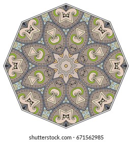 Mandala flower decoration, doodle round ornament, isolated design element on a white background. Vector geometric floral pattern. Tribal ethnic arabic, indian, turkish motif. Colorful abstract art