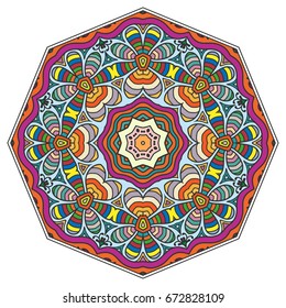 Mandala flower decoration, doodle round ornament, isolated design element on a white background. Vector geometric floral pattern. Tribal ethnic arabic, indian, turkish motif. Colorful abstract art
