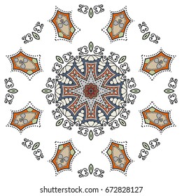 Mandala flower decoration, doodle round ornament, isolated design element on a white background. Vector geometric floral pattern. Tribal ethnic arabic, indian, turkish motif. Colorful abstract art