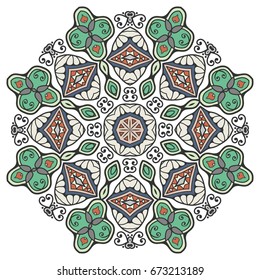 Mandala flower decoration, doodle round ornament, isolated design element on a white background. Vector geometric floral pattern. Tribal ethnic arabic, indian, turkish motif. Colorful abstract art