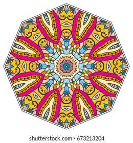 Mandala flower decoration, doodle round ornament, isolated design element on a white background. Vector geometric floral pattern. Tribal ethnic arabic, indian, turkish motif. Colorful abstract art