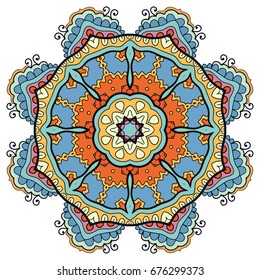 Mandala flower decoration, doodle round ornament, isolated design element on a white background. Vector geometric floral pattern. Tribal ethnic arabic, indian, turkish motif. Colorful abstract art