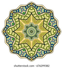 Mandala flower decoration, doodle round ornament, isolated design element on a white background. Vector geometric floral pattern. Tribal ethnic arabic, indian, turkish motif. Colorful abstract art