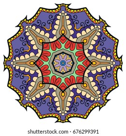 Mandala flower decoration, doodle round ornament, isolated design element on a white background. Vector geometric floral pattern. Tribal ethnic arabic, indian, turkish motif. Colorful abstract art