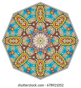 Mandala flower decoration, doodle round ornament, isolated design element on a white background. Vector geometric floral pattern. Tribal ethnic arabic, indian, turkish motif. Colorful abstract art