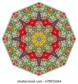 Mandala flower decoration, doodle round ornament, isolated design element on a white background. Vector geometric floral pattern. Tribal ethnic arabic, indian, turkish motif. Colorful abstract art