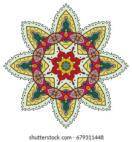 Mandala flower decoration, doodle round ornament, isolated design element on a white background. Vector geometric floral pattern. Tribal ethnic arabic, indian, turkish motif. Colorful abstract art
